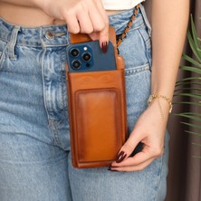 Lovell Hakiki Deri Telefon Bölmeli Kadın Askılı Çanta - Kartlıklı Telefon Cüzdanı - Taba