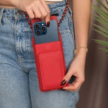 Lovell Hakiki Deri Telefon Bölmeli Kadın Askılı Çanta - Kartlıklı Telefon Cüzdanı - Kırmızı