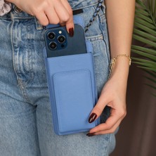 Lovell Hakiki Deri Telefon Bölmeli Kadın Askılı Çanta - Kartlıklı Telefon Cüzdanı -  Gök Mavisi