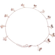 Nusret Takı 925 Ayar Gümüş Pembe Halhal Bileklik 12 Kelebekli Pembe - Beyaz Taş