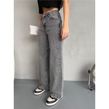 Kadın Yüksek Bel Kar Yıkama Likralı Geniş Paça Palazzo Jeans