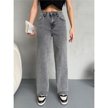 Kadın Yüksek Bel Kar Yıkama Likralı Geniş Paça Palazzo Jeans