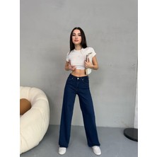Kadın Yüksek Bel Kar Yıkama Likralı Geniş Paça Palazzo Jeans