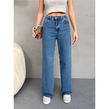 Kadın Yüksek Bel Kar Yıkama Likralı Geniş Paça Palazzo Jeans