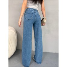 Kadın Yüksek Bel Kar Yıkama Likralı Geniş Paça Palazzo Jeans