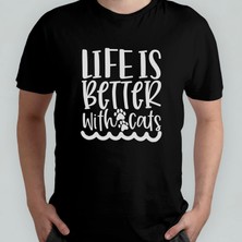 Pixxa Life Is Better With Cats Kedi Sever Unisex %100 Pamuklu Bisiklet Yaka T-Shirt