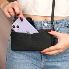 Kaycee Hakiki Deri Telefon Bölmeli Kadın Askılı Çanta - Kartlıklı Telefon Cüzdanı - Siyah