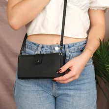 Kaycee Hakiki Deri Telefon Bölmeli Kadın Askılı Çanta - Kartlıklı Telefon Cüzdanı - Siyah