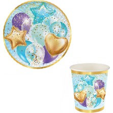 8 Kişilik Uçan Balonlar Mavi Karton Bardak ve Tabak Set