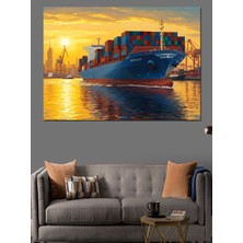 Konteyner Gemisi Günbatımı Dekoratif Kanvas - Mdf Ahşap Tablo