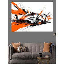 Portakal Renkli Yarış Arabası Dekoratif Kanvas - Mdf Ahşap Tablo