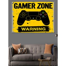 Sarı Uyarılı Gamer Zone Posteri Dekoratif Kanvas - Mdf Ahşap Tablo