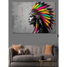 Renkli Tüylü Kızılderili Kadın Dekoratif Kanvas - Mdf Ahşap Tablo