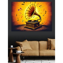 Gramofonlu Müzik Notaları Uçuşuyor Dekoratif Kanvas - Mdf Ahşap Tablo