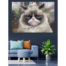 Doğum Günü Şapkalı Kedi Dekoratif Kanvas - Mdf Ahşap Tablo