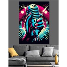 Neon Mikrofon Dekoratif Kanvas - Mdf Ahşap Tablo