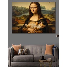 Kedi Tutan Mona Lisa Versiyonu Dekoratif Kanvas - Mdf Ahşap Tablo