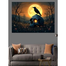 Kafatası Üzerinde Siyah Karga Dekoratif Kanvas - Mdf Ahşap Tablo