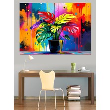 Renkli Boya Fırçalı Bitki Dekoratif Kanvas - Mdf Ahşap Tablo