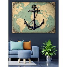 Dünya Haritası Üzerinde Çapa Dekoratif Kanvas - Mdf Ahşap Tablo