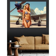 Pin-Up Kız ve Uçak Dekoratif Kanvas - Mdf Ahşap Tablo