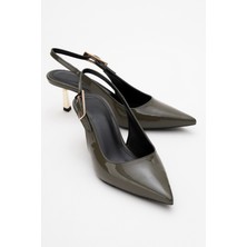 Arty Haki Rugan Sivri Burun Arkası Açık Kadın Ince Topuklu Ayakkabı