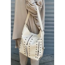 Kadın Krem Suni Yıkanmış Deri Kol ve Sırt Çantası Yıkama Deri