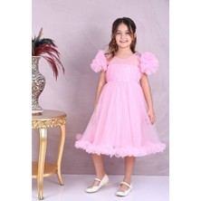 Omuz Ponpon Detaylı Tüllü Kız Çocuk Elbise