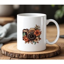 BB Design Çiçekli Fotoğraf Makinesi Tasarımlı Beyaz Seramik Baskılı Kupa Bardak 330 ml