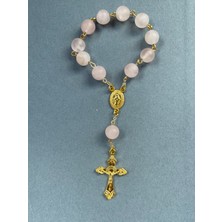 8 mm Mat Pembe Kuvars Doğal Taş Katolik Mini Hrıstiyan Rosary Tesbih -Sarı Metal