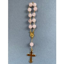 8 mm Mat Pembe Kuvars Doğal Taş Katolik Mini Hrıstiyan Rosary Tesbih -Sarı Metal