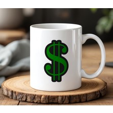 BB Design Dolar Işareti Tasarımlı Beyaz Seramik Baskılı Kupa Bardak 330 ml