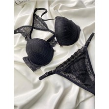 Siyah Destekli Sütyen Takımı Önden Kapamalı Iç Çamaşır Sütyen Tanga Set Kadın Iç Giyim