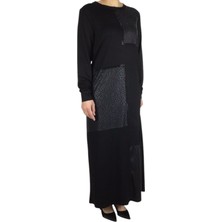 Ece Giyim Kadın Önü Deri Detaylı Uzun Elbise