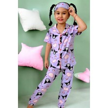 Lolli Boom Kids Kız Çocuk Kedi Desenli Lila Mor Renk Kısa Kollu Pijama Takımı