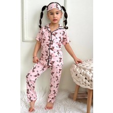 Kız Çocuk Gömlek Yaka Kısa Kollu Düğmeli Kelebek - Ceylan Desenli Pijama Takımı 3 Parça