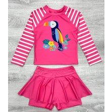 Lolli Boom Kids Kız Çocuk Beyaz Pembe Renk  Şanslı Tukan Kuşu Baskılı Uzun Kollu Tayt Etekli 2 Parça Mayo / Bikini Takımı