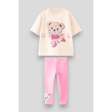 Lolli Boom Kids Kız Çocuk Sevimli Balerin Pembe Ayıcık T-Shirt ve Tayt Takım 3D Kabartma Aplike Nakış Baskılı