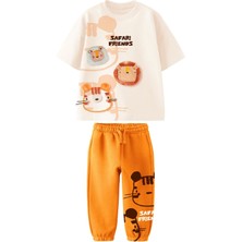 Yeni Sezon 3D Aplike Detaylı Erkek Çocuk Safari Baskılı Pamuklu Alt Üst Takım