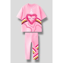 Yeni Sezon 3D Kalp Detaylı Unicorn Baskılı T-Shirt Tayt Alt Üst Takım - 2 Parça  / Pamuklu