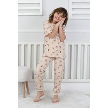 Isob Bej Kelebek Desenli %100 Pamuk Kız Çocuk Kısa Kollu Pijama Takımı 3-8 Yaş 41210-B