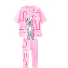 Kız Çocuk Peluş 3D Tavşan Nakış Detaylı Tshirt - Tayt Alt Üst Takım Pembe Renk