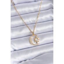 Yeni Xd Çelik Gold Renk Zirkon Taşlı Ay Yıldız Model Kadın Kolye Kampanyalı
