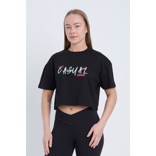 Kadın Oversize Casual Baskılı Siyah Renk Crop