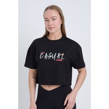Kadın Oversize Casual Baskılı Siyah Renk Crop