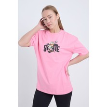 Velvoria Oversize Kadın Shate Baskılı Pembe Renk T-Shirt