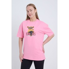 Velvoria Oversize Kadın Chers Baskılı Pembe Renk T-Shirt