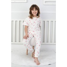 Isob Ekru Kalp Desenli %100 Pamuk Kız Çocuk Kısa Kollu Pijama Takımı 8-13 Yaş 41410-E