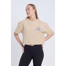 Velvoria Kadın Oversize Lifestyle Baskılı Siyah Bej Crop
