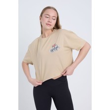 Velvoria Kadın Oversize Lifestyle Baskılı Siyah Bej Crop